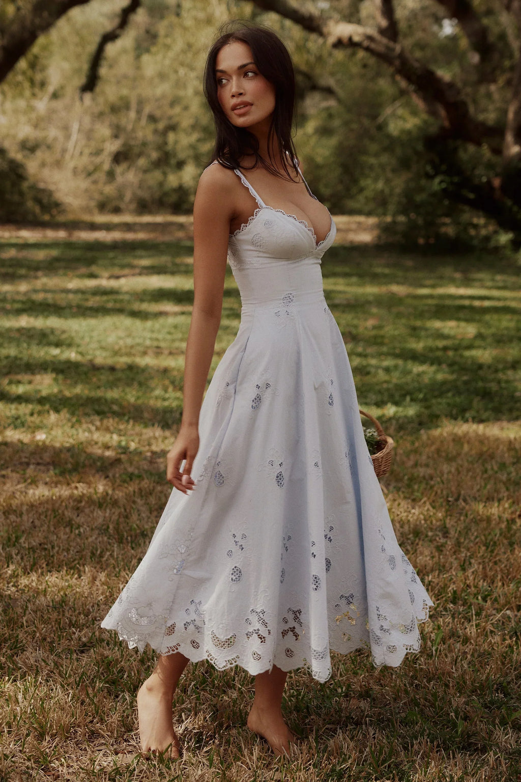 Robe longue midi broderie anglaise en dentelle jacinthe + coton