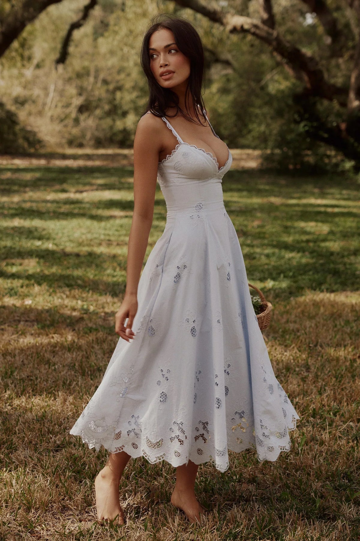 Robe longue midi broderie anglaise en dentelle jacinthe + coton