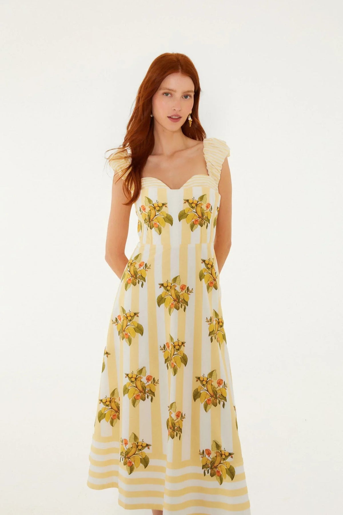 Yellow Lemon Birds Sweetheart Neck Midi Dress