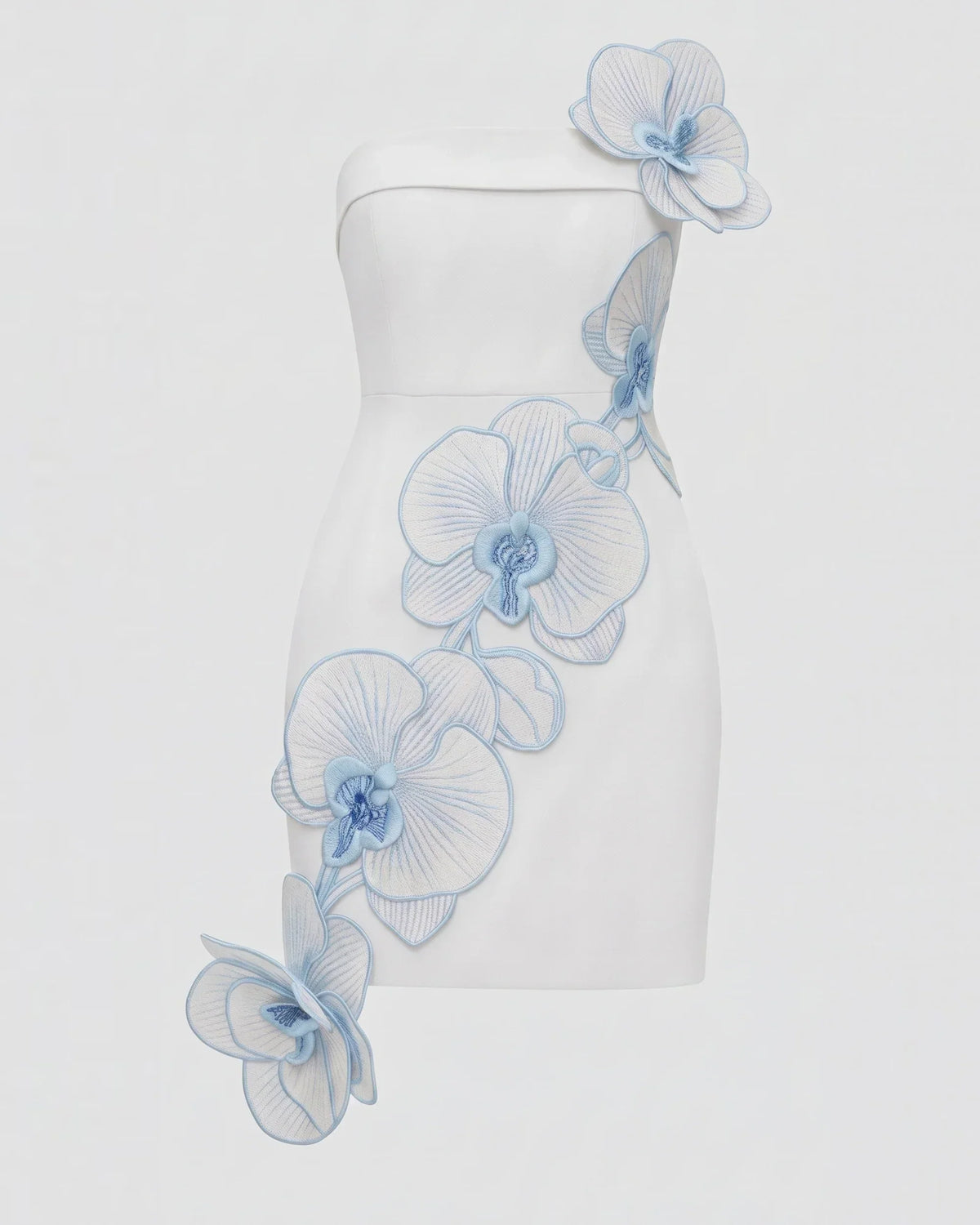 Orchid Embroidered Floral Appliqué Strapless Mini Dress - White Blue