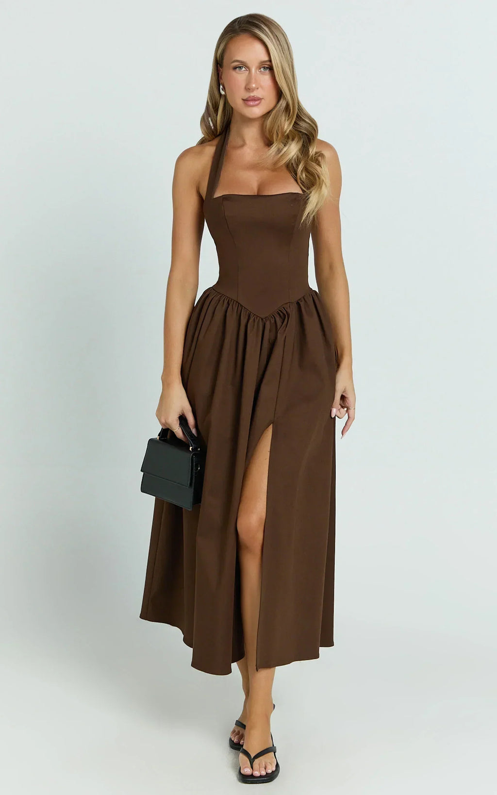 Robe midi Helda – Robe à panneau corset avec licou à nouer couleur chocolat