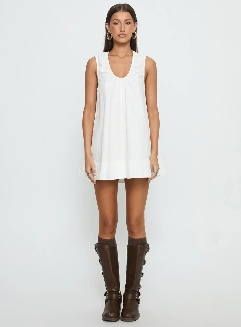 Eberta Ruched Baby Doll Mini Dress White