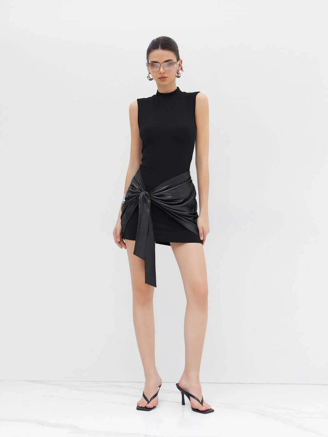 High Neck Ruched Knotted Mini Dress