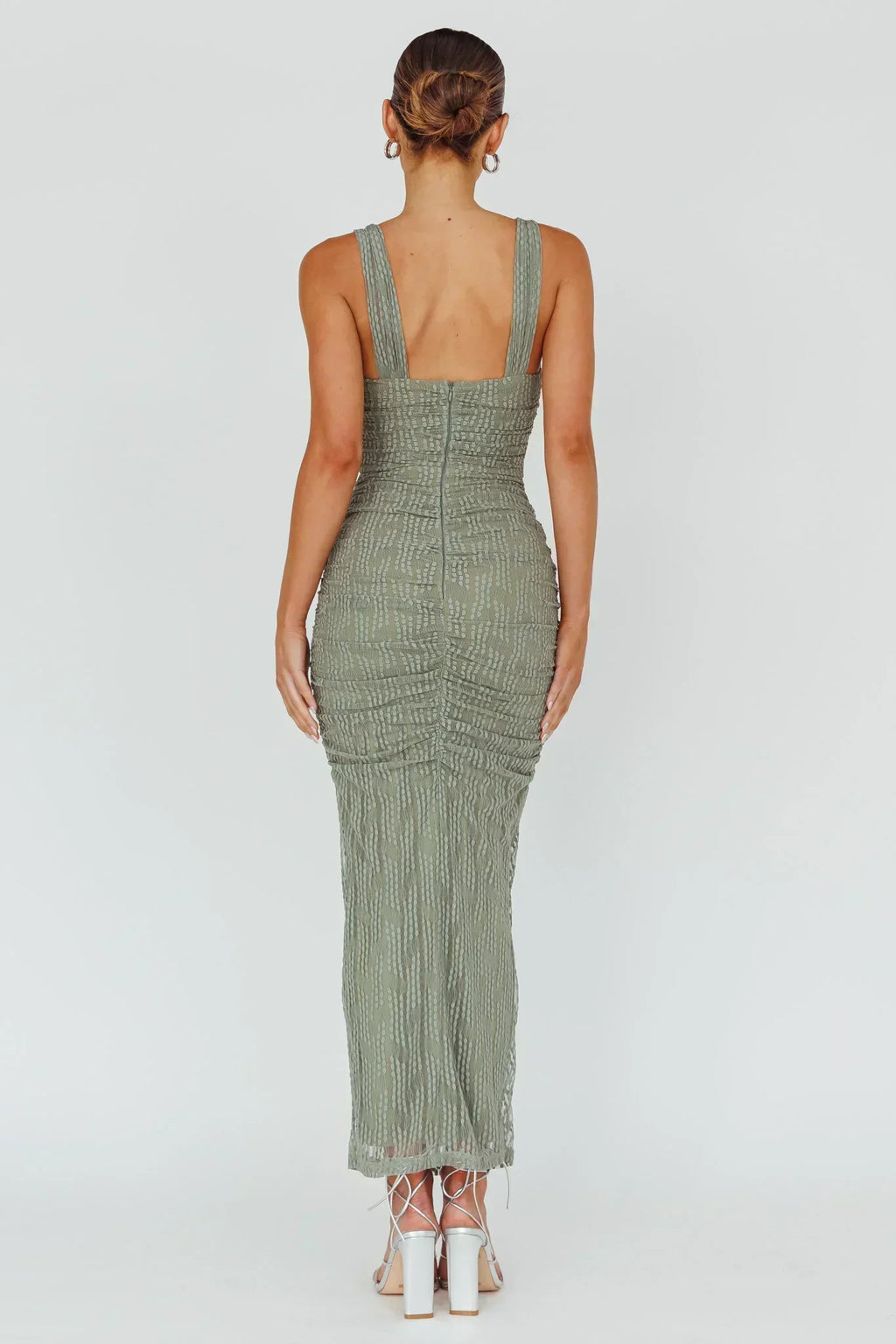 Robe midi en maille brodée Oliana Fougère