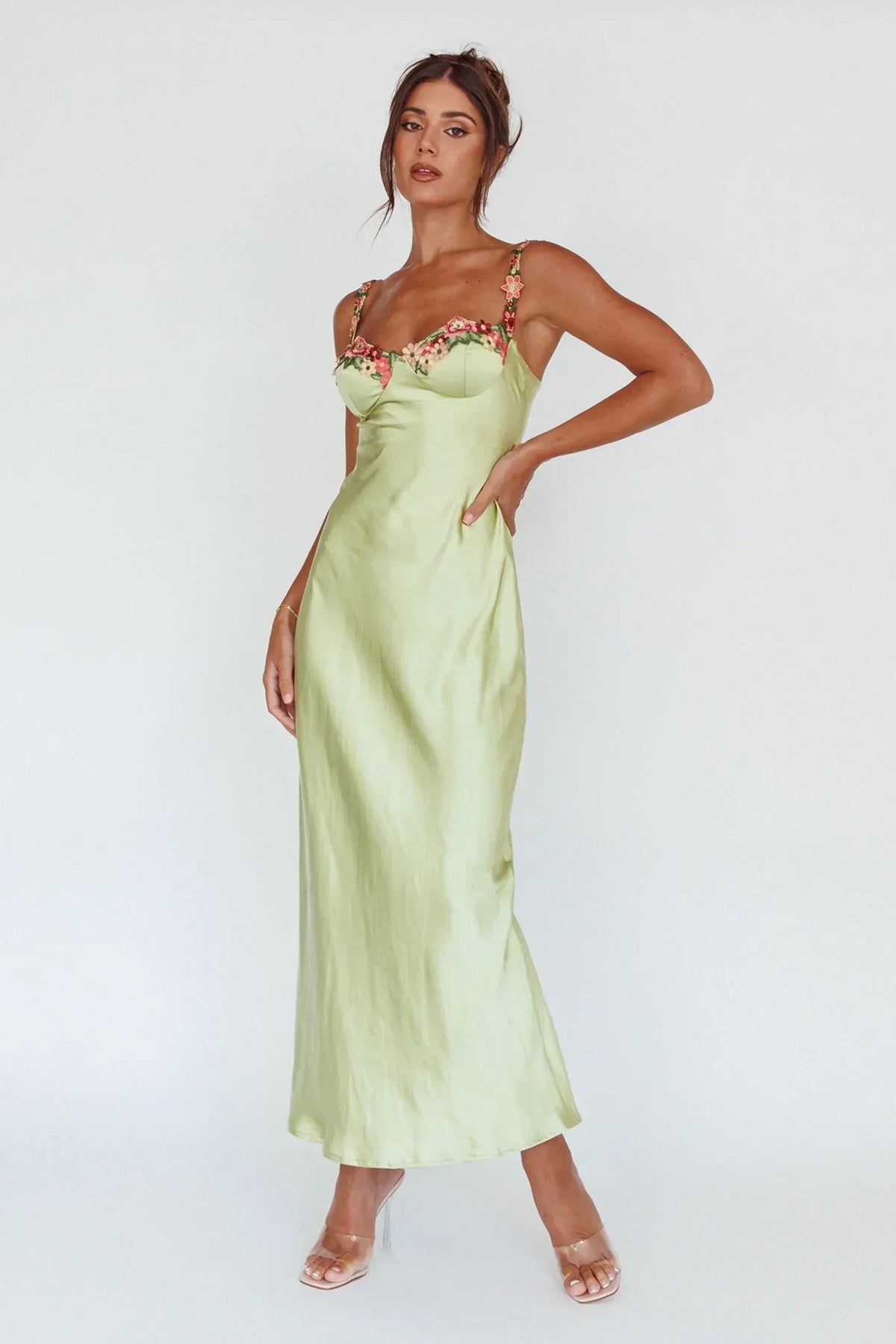 Robe midi à appliqués floraux Rose Garden Citron vert