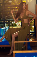 judie Long bronze wrap skirt in stretch voile