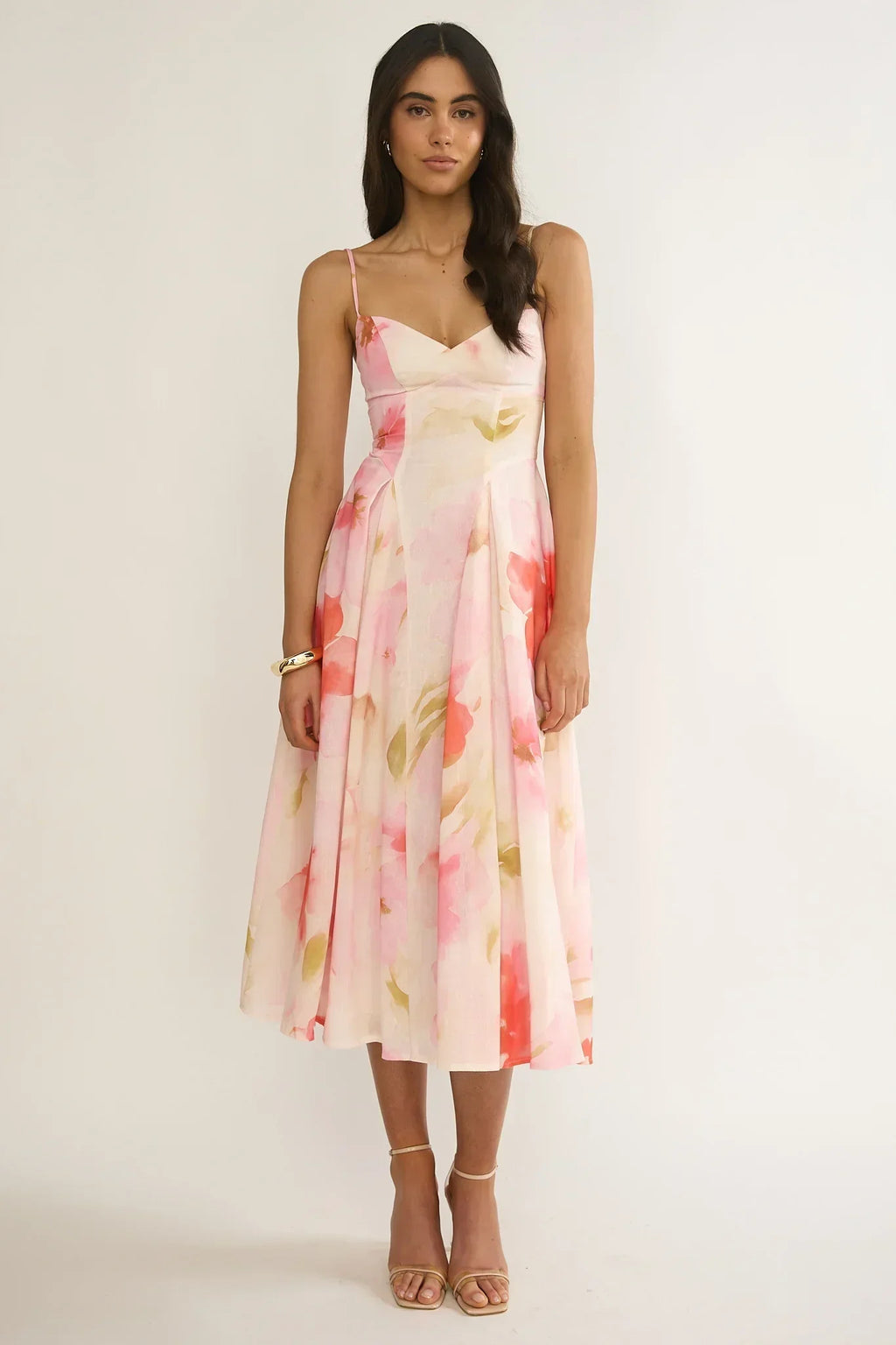 Robe midi à taille plissée "Get My Attention" rose fleuri