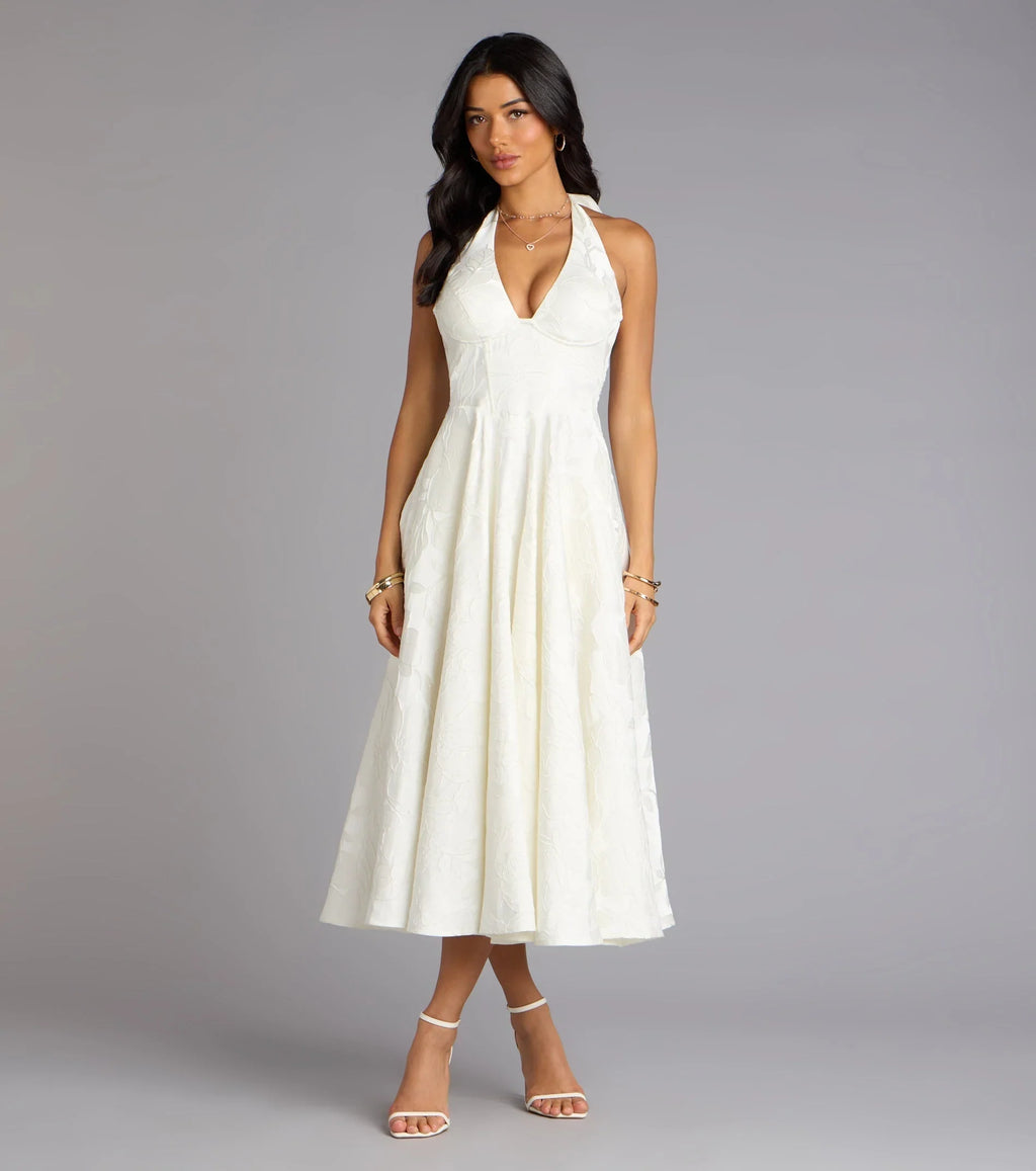 Robe de soirée mi-longue évasée à licou et lacets Ellen