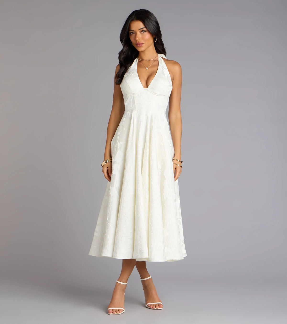 Robe de soirée mi-longue évasée à licou et lacets Ellen