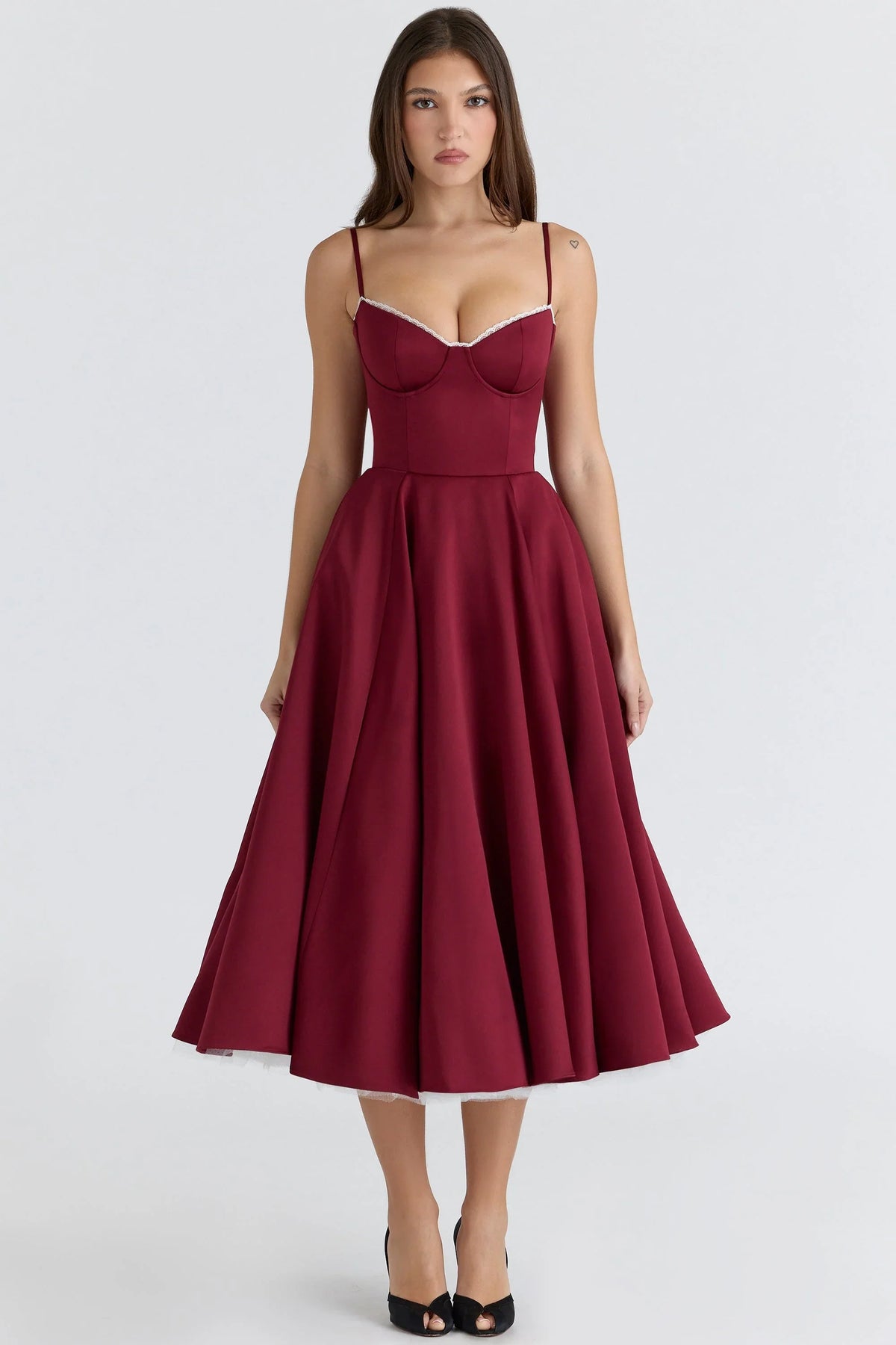 wine satin tulle midi dress