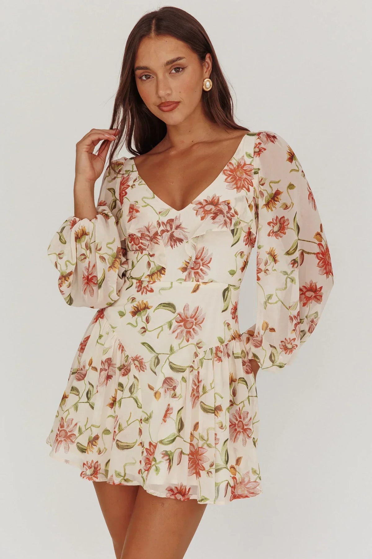 Robe Courte Évasée Manches Ballons Imprimé Fleuri Beige Lucky One