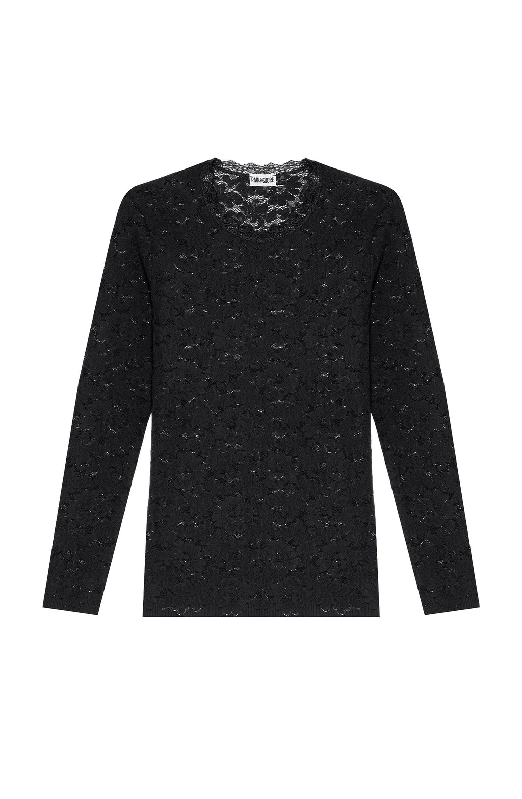 tissia black Black lace top with round neckline and long sleeves