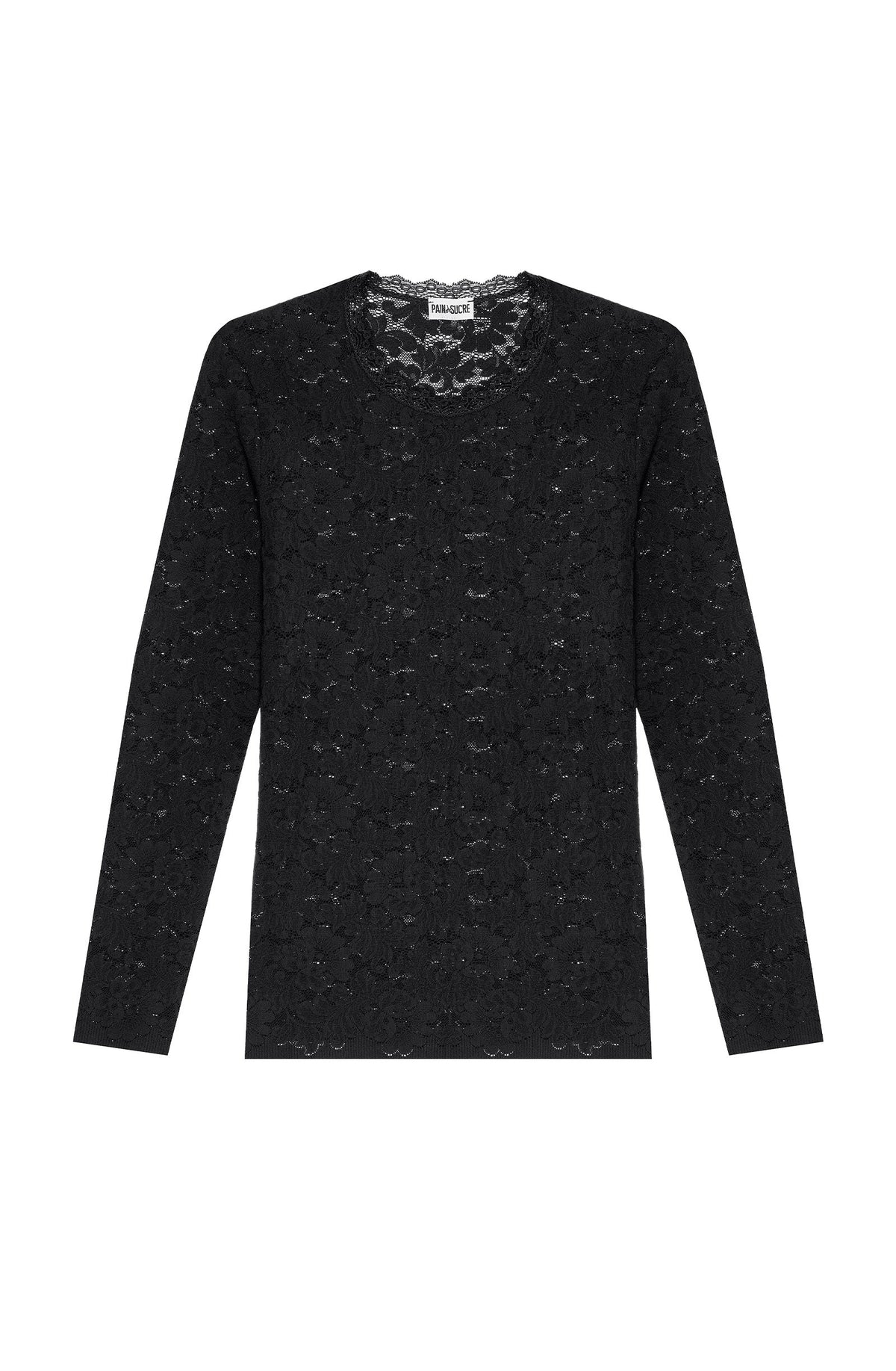 tissia black Black lace top with round neckline and long sleeves
