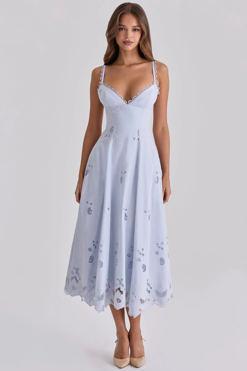 Robe longue midi broderie anglaise en dentelle jacinthe + coton