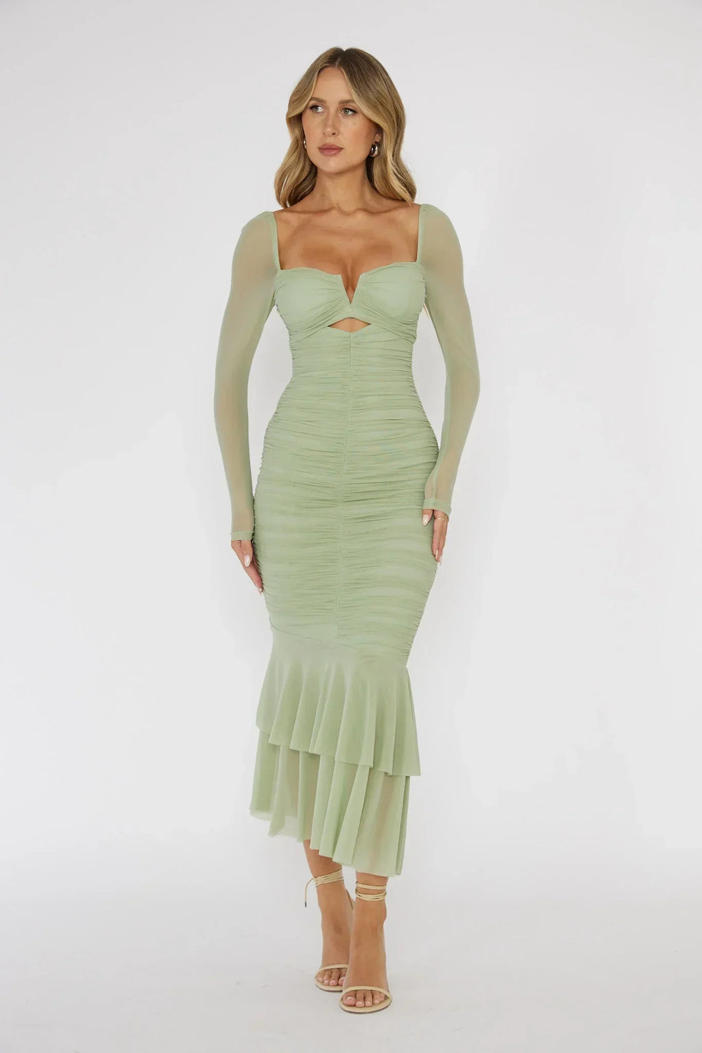 Robe longue mi-mollet sirène à manches longues Nadia coloris menthe