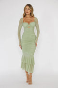 Robe longue mi-mollet sirène à manches longues Nadia coloris menthe