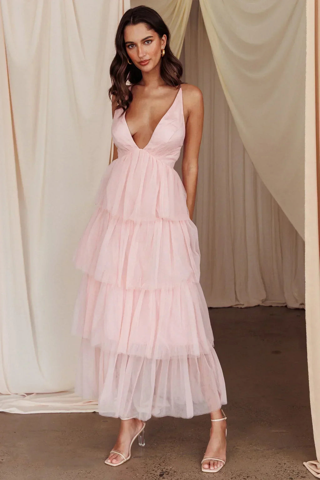 Robe midi à volants étagés Auguste couleur vieux rose