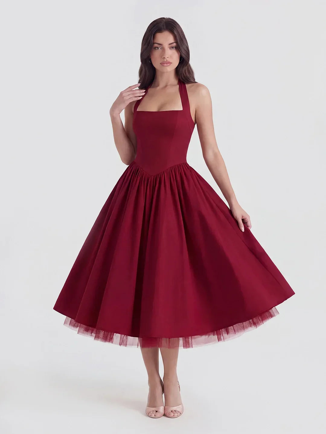 Lace-Up Halter Midi with Exposed Tulle Hem