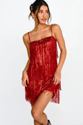Robe courte à franges et sequins New York Nights rouge