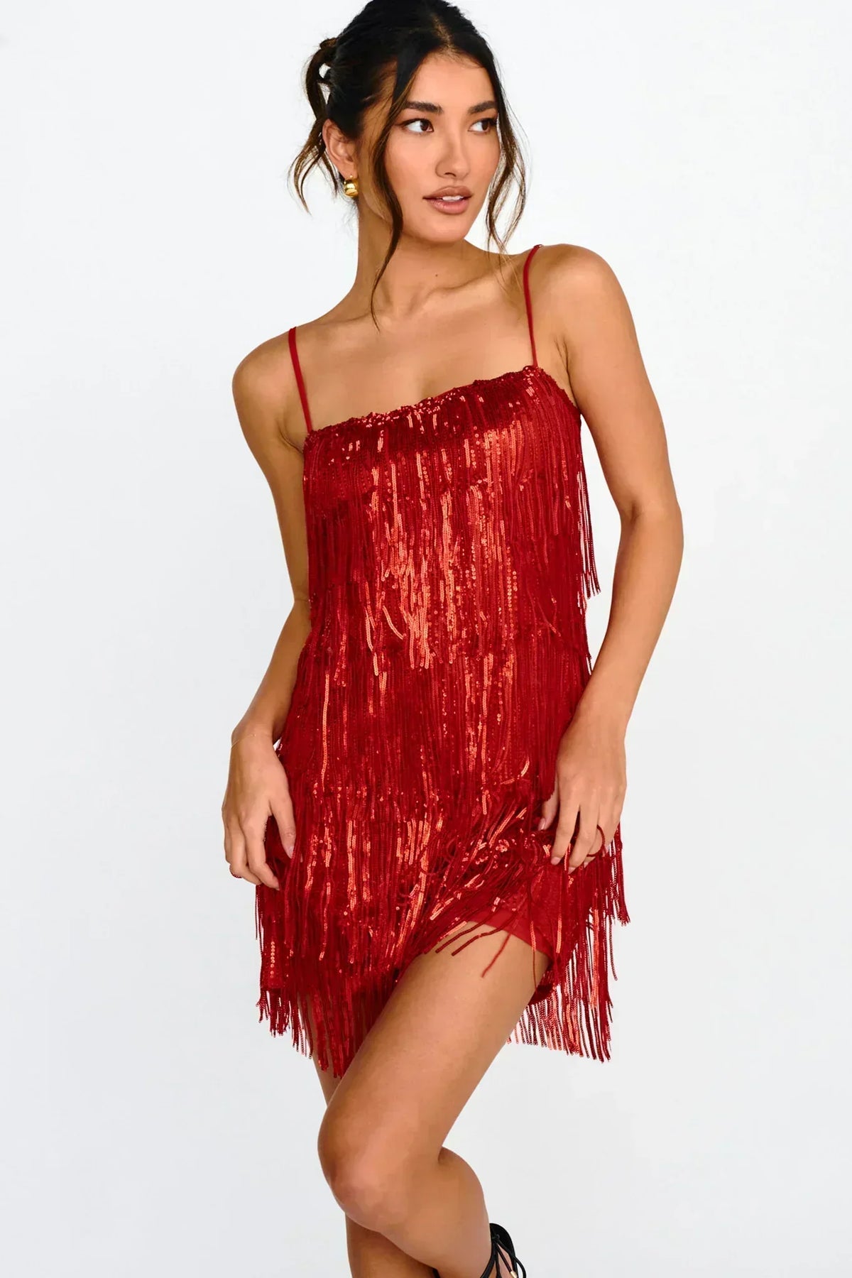 Robe courte à franges et sequins New York Nights rouge