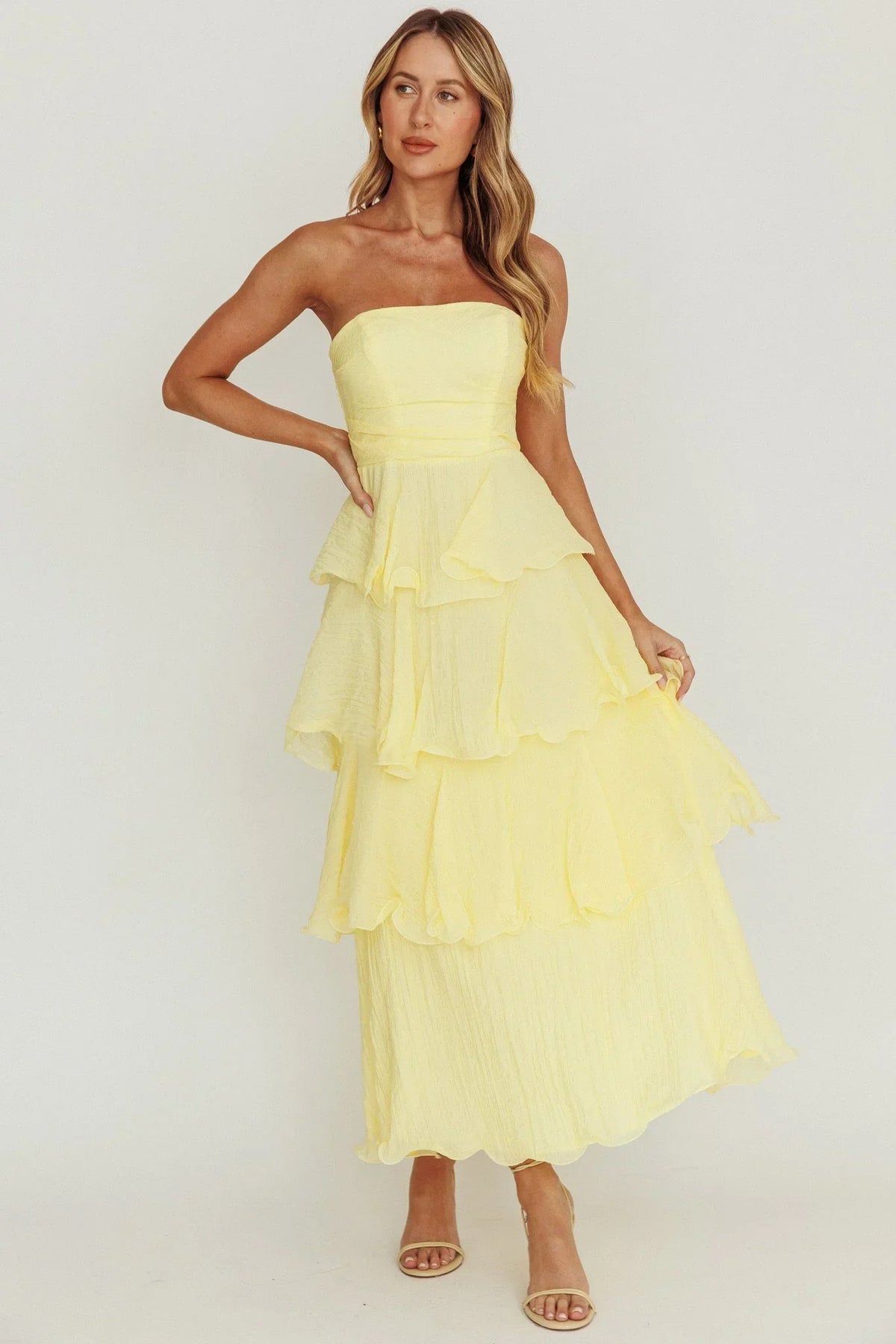 Robe midi Giavana bustier à volants superposés Citron