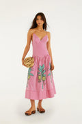 Pink Palm Tree Stripes Cutwork  Midi Dress