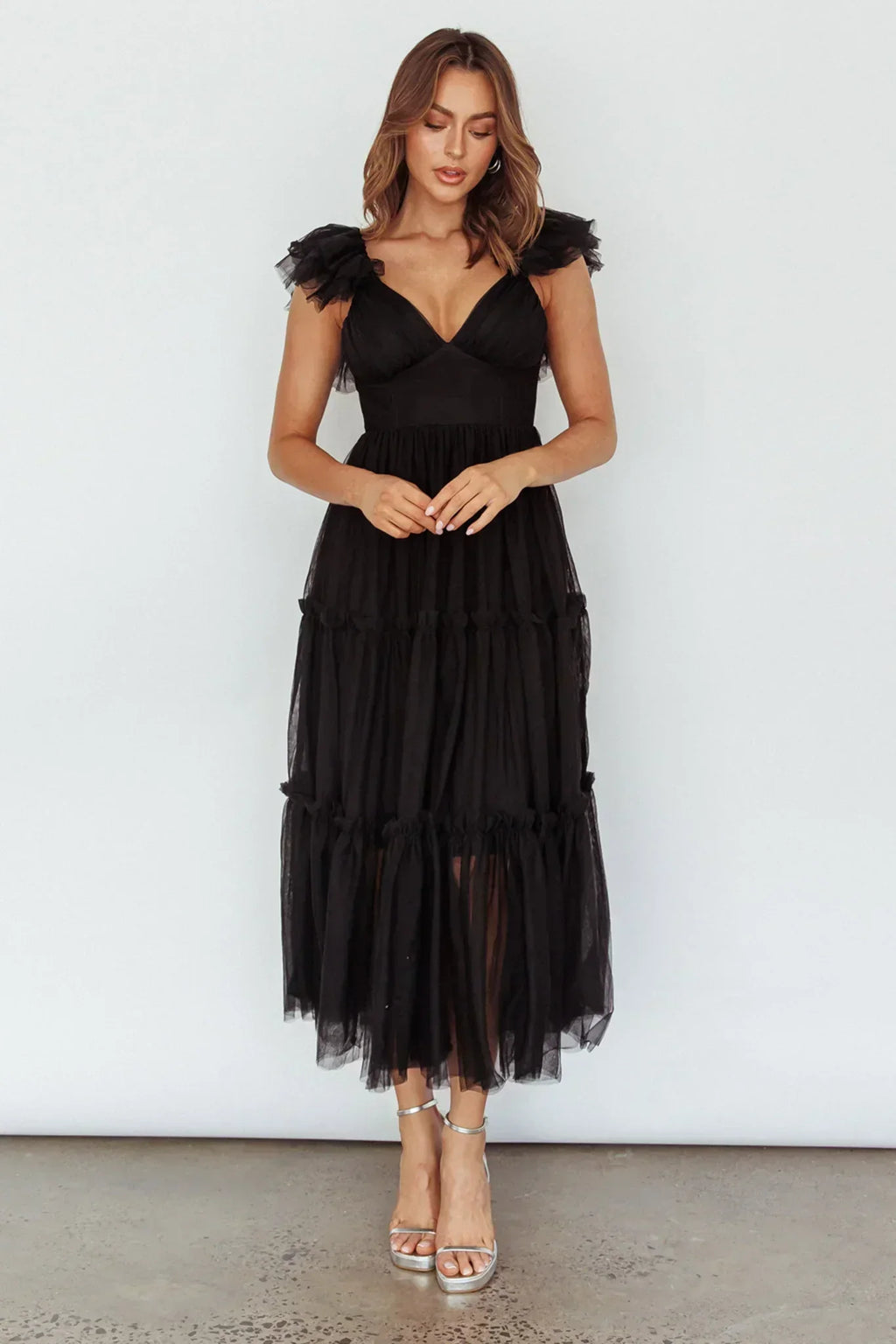 Robe midi en tulle Amal à volants aux épaules Noir