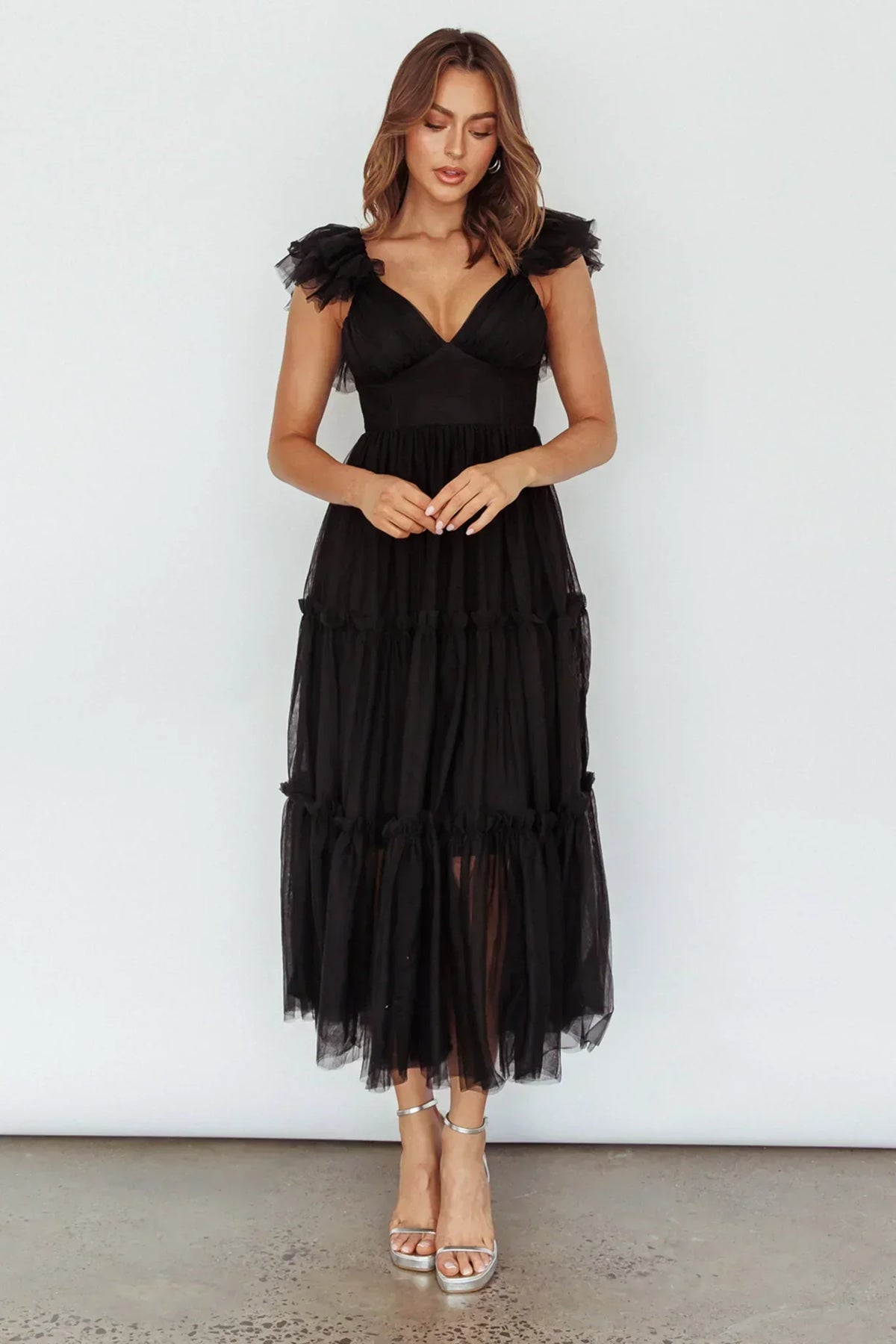 Robe midi en tulle Amal à volants aux épaules Noir