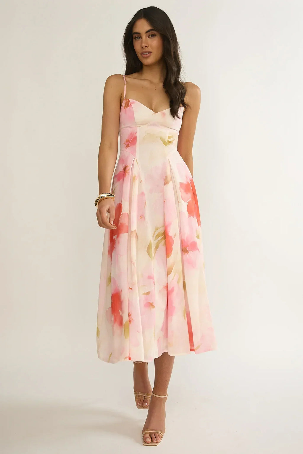 Robe midi à taille plissée "Get My Attention" rose fleuri