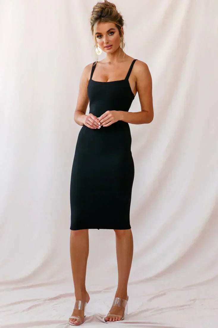 Robe midi Georgia noire à encolure carrée