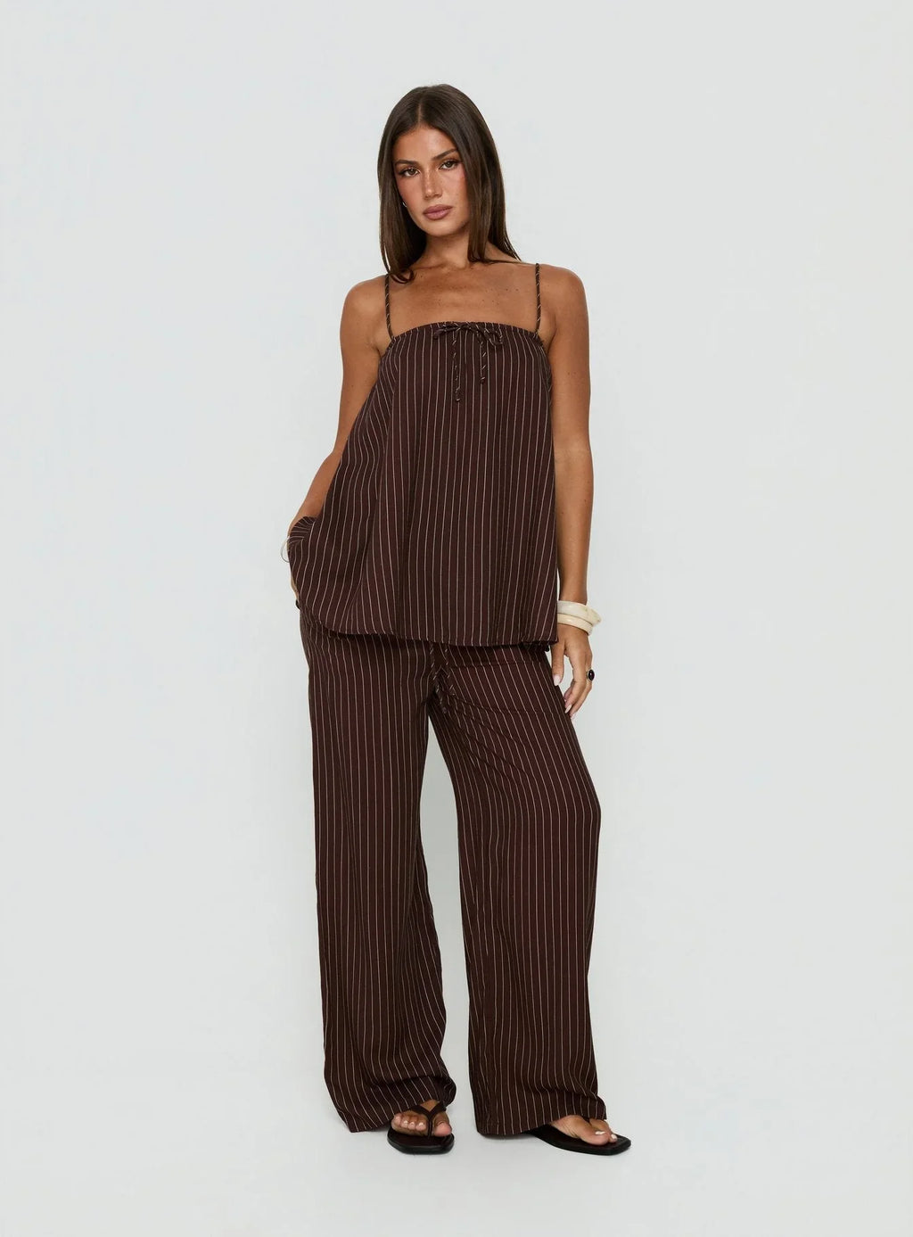 Amibella Mid Rise Wide Leg Pants Brown / Cream Stripe