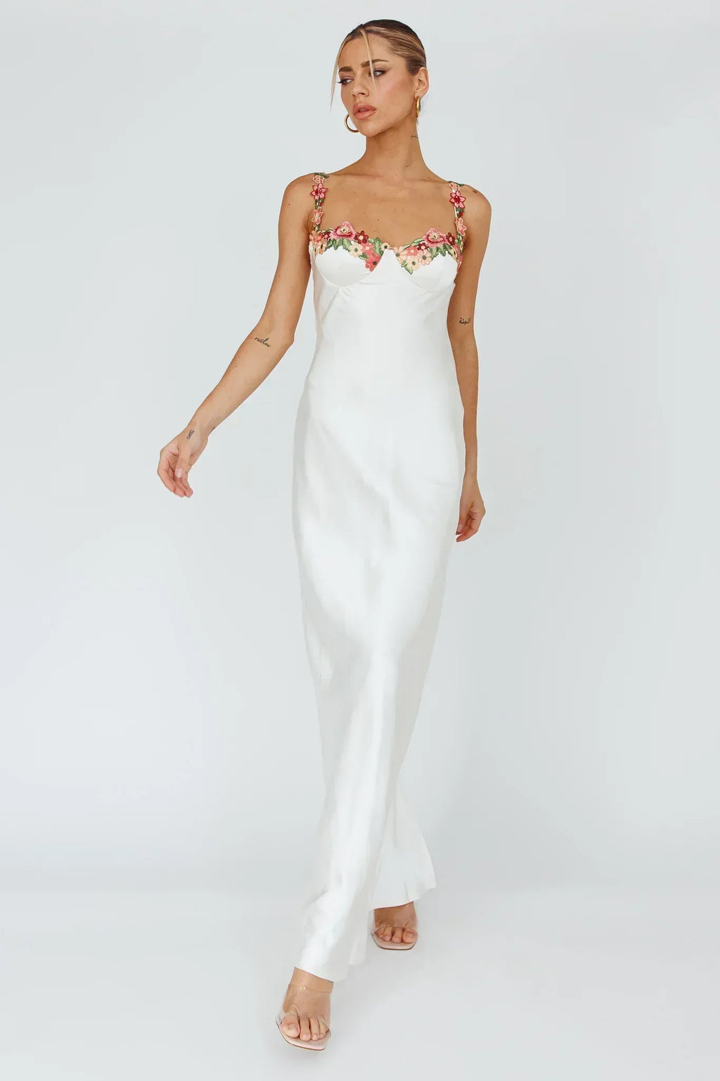 Robe midi Rose Garden en applique florale, couleur huître