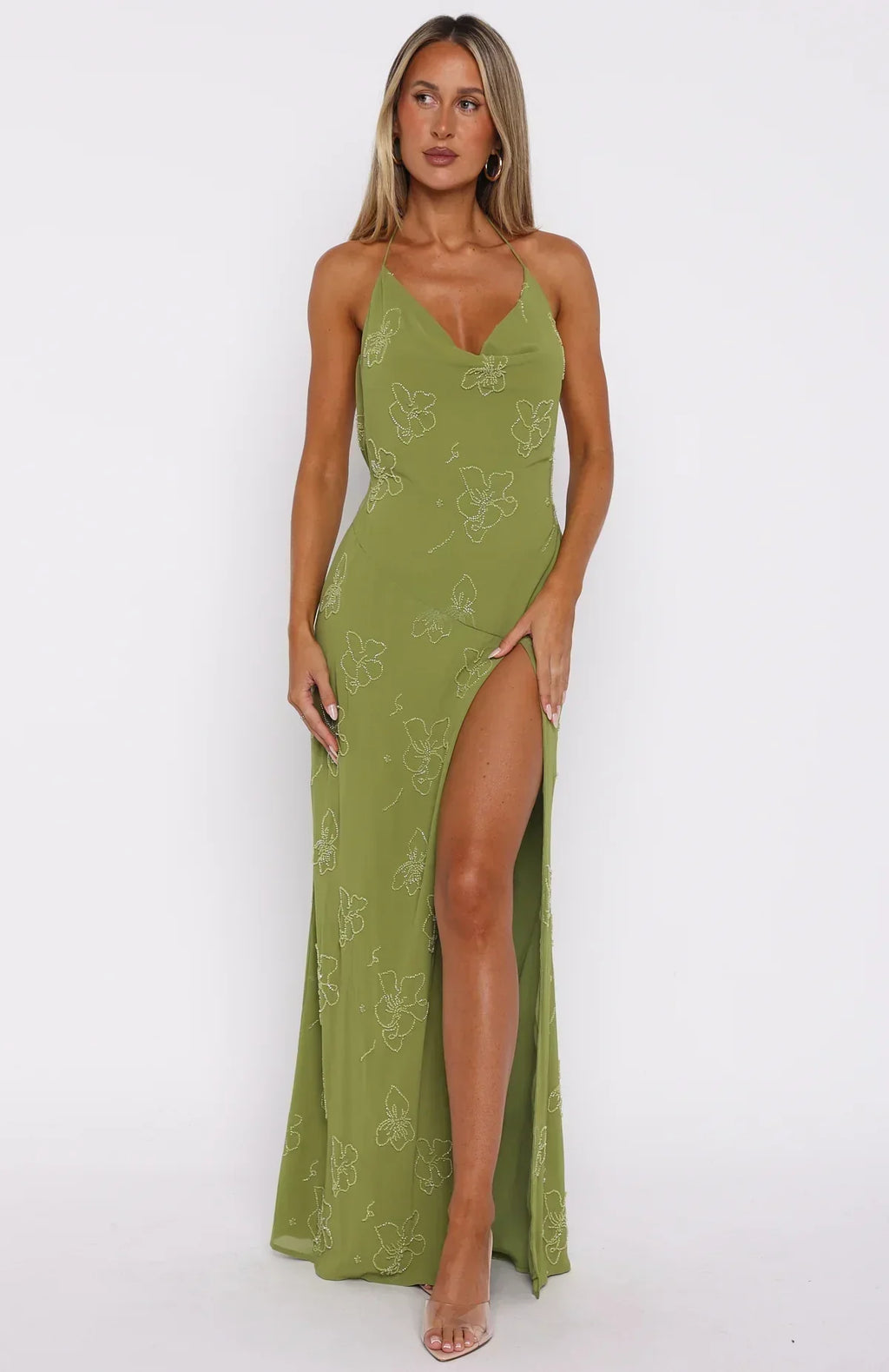 Robe longue perlée Slow Dancer couleur Thé Vert
