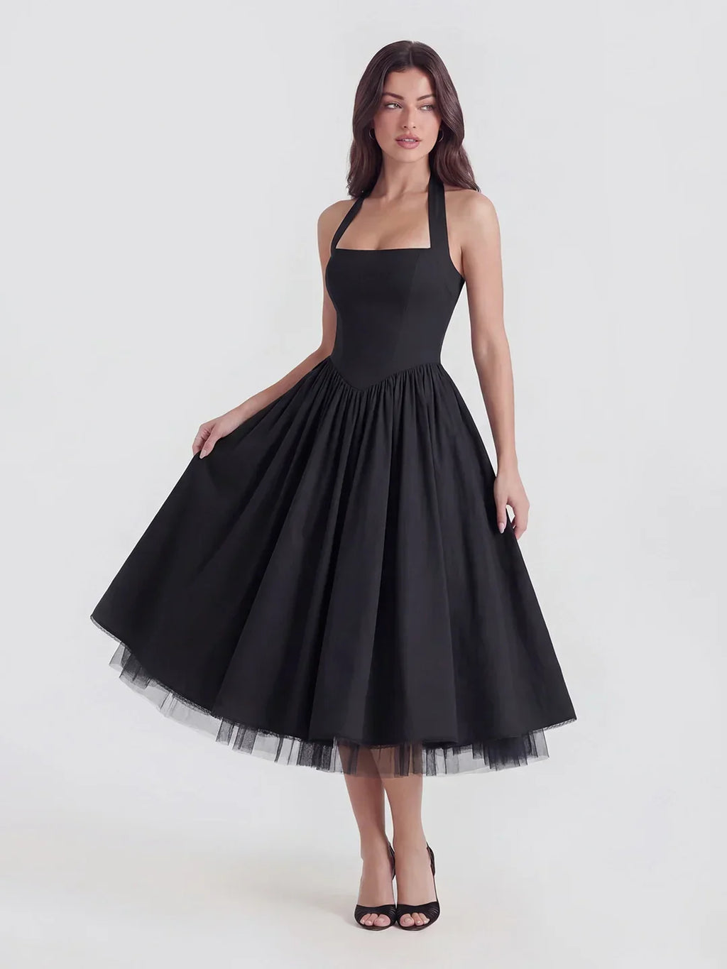 Lace-Up Halter Midi with Exposed Tulle Hem
