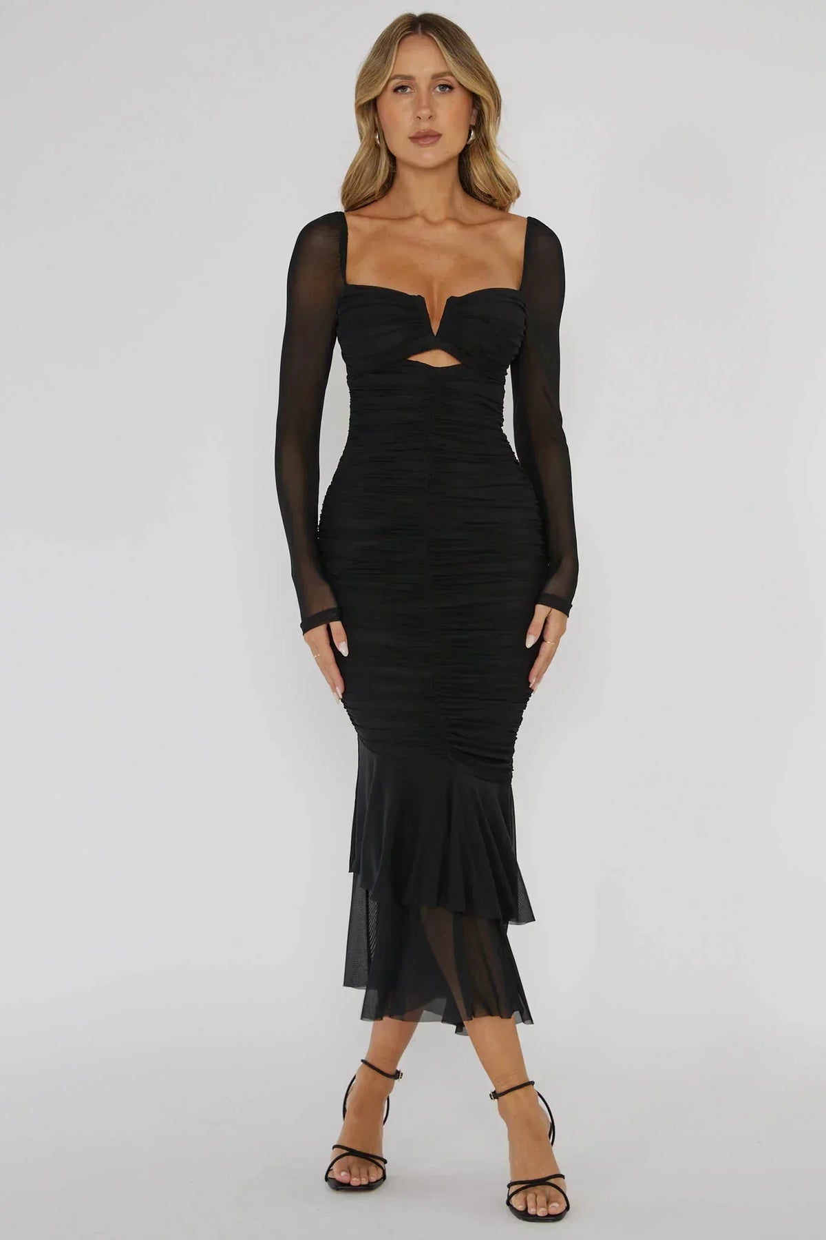 Robe midi noire Nadia à manches longues et coupe sirène