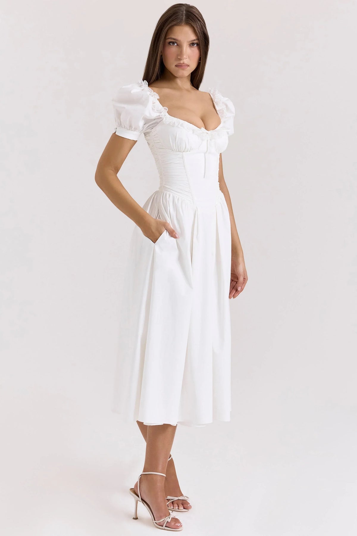 white stretch cotton puff sleeve midi dress