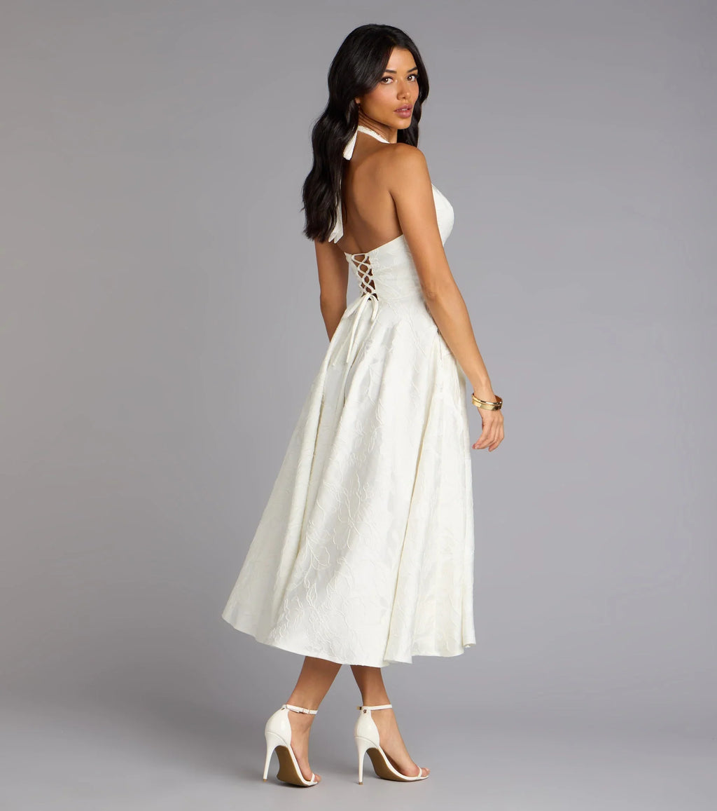 Robe de soirée mi-longue évasée à licou et lacets Ellen