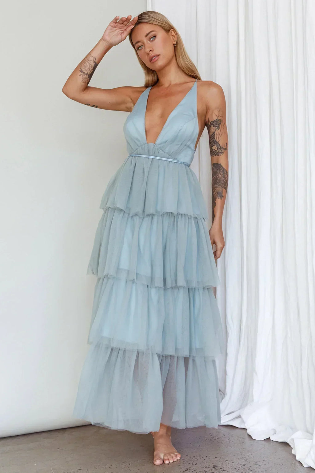 Robe midi à volants étagés Auguste Vert Sauge