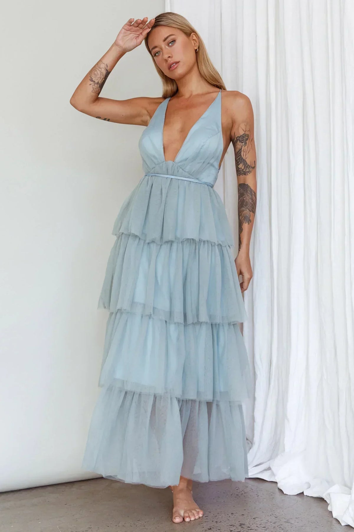 Robe midi à volants étagés Auguste Vert Sauge