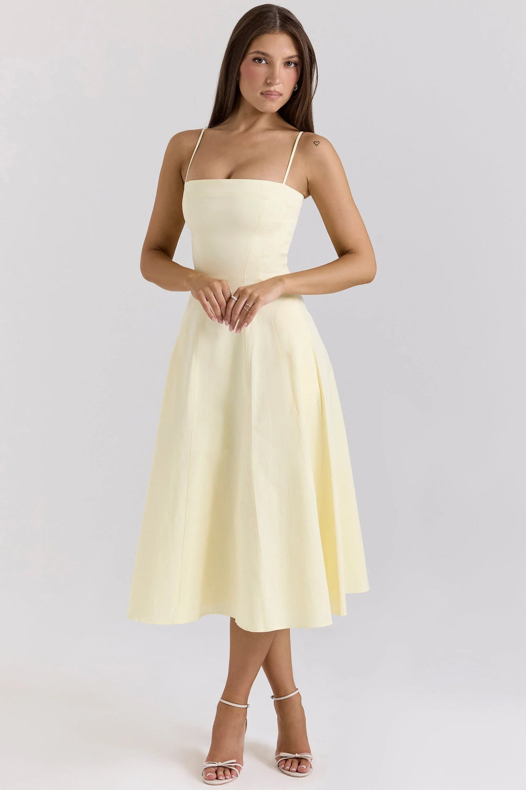 Robe midi trapèze en coton stretch imprimé citrons