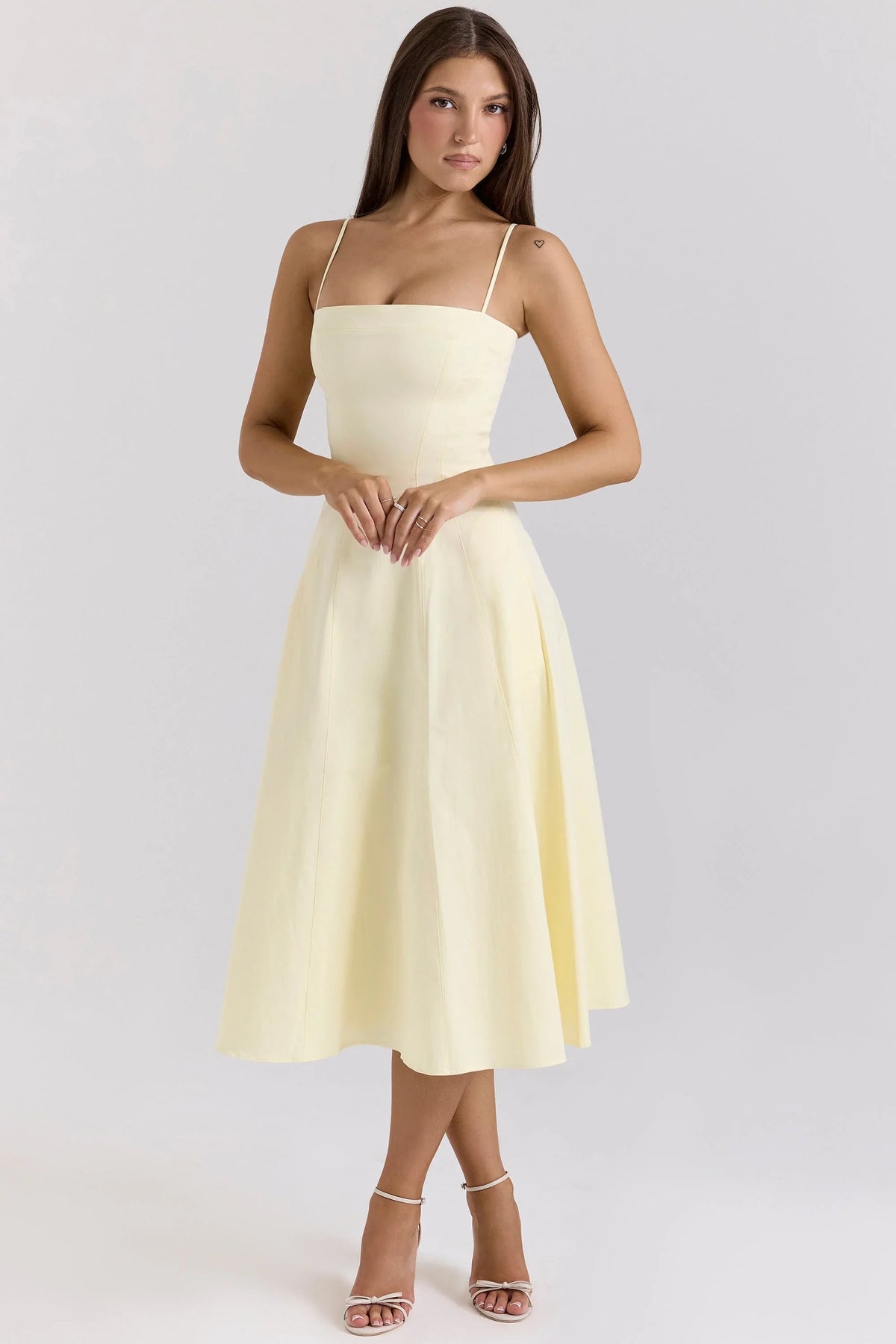 Robe midi trapèze en coton stretch imprimé citrons