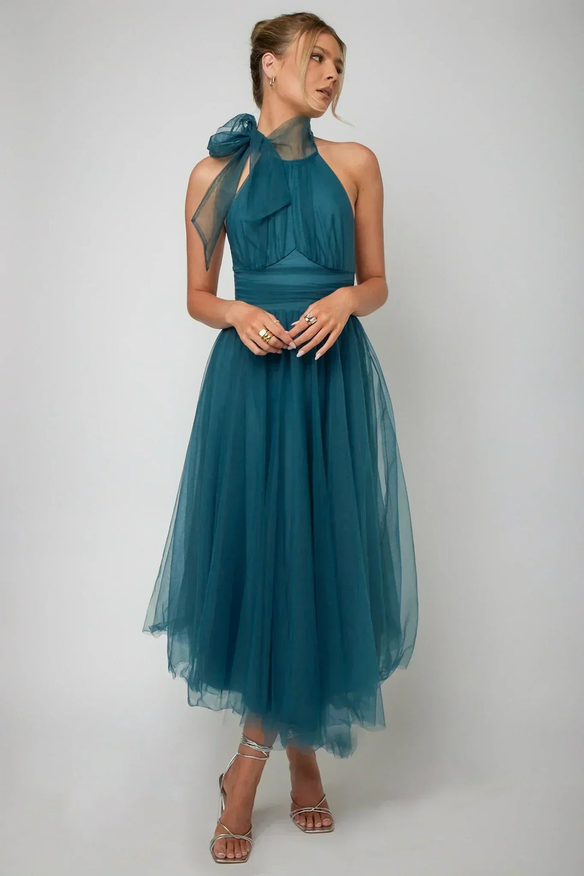 Robe midi en tulle à encolure américaine Andria sarcelle