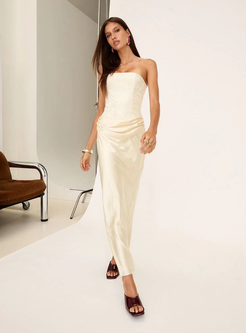 Robe longue drapée sans bretelles Jenevieve Citron