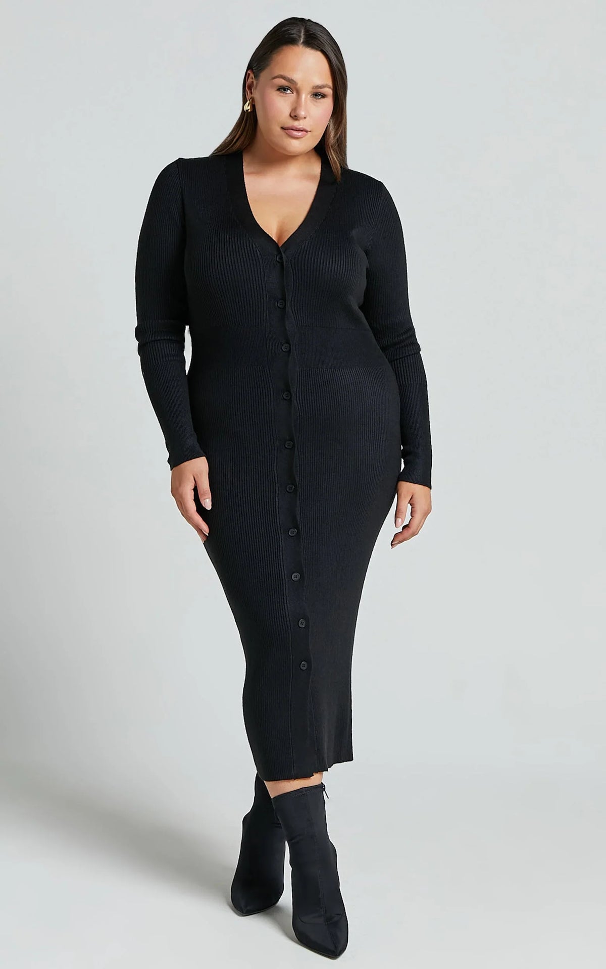Robe midi Leahanna - Robe en maille boutonnée noire