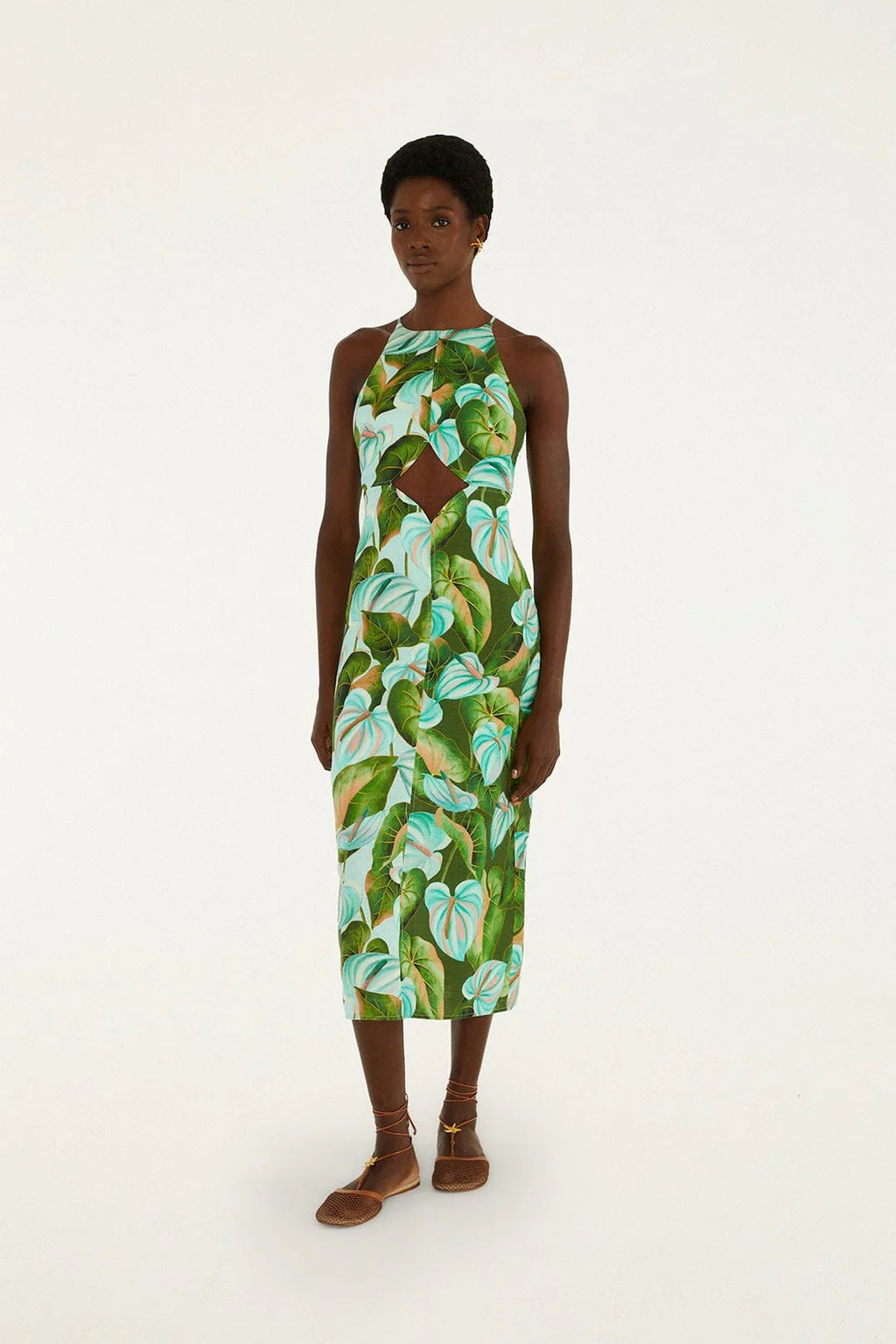 Green Anthurium Leaves Cut-Out Midi Dress