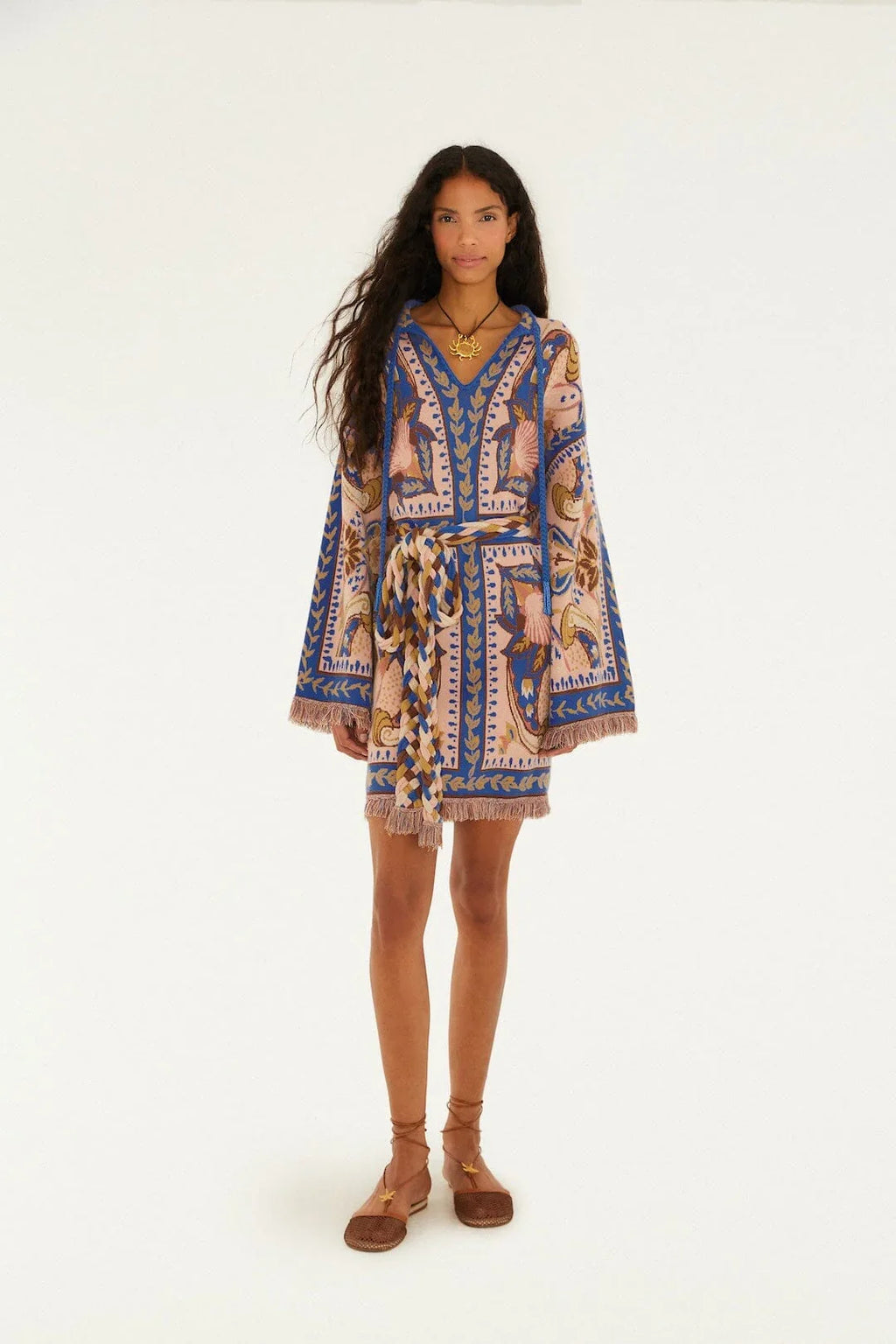 Blue Sea Garden Scarf Tassels Knit Mini Dress