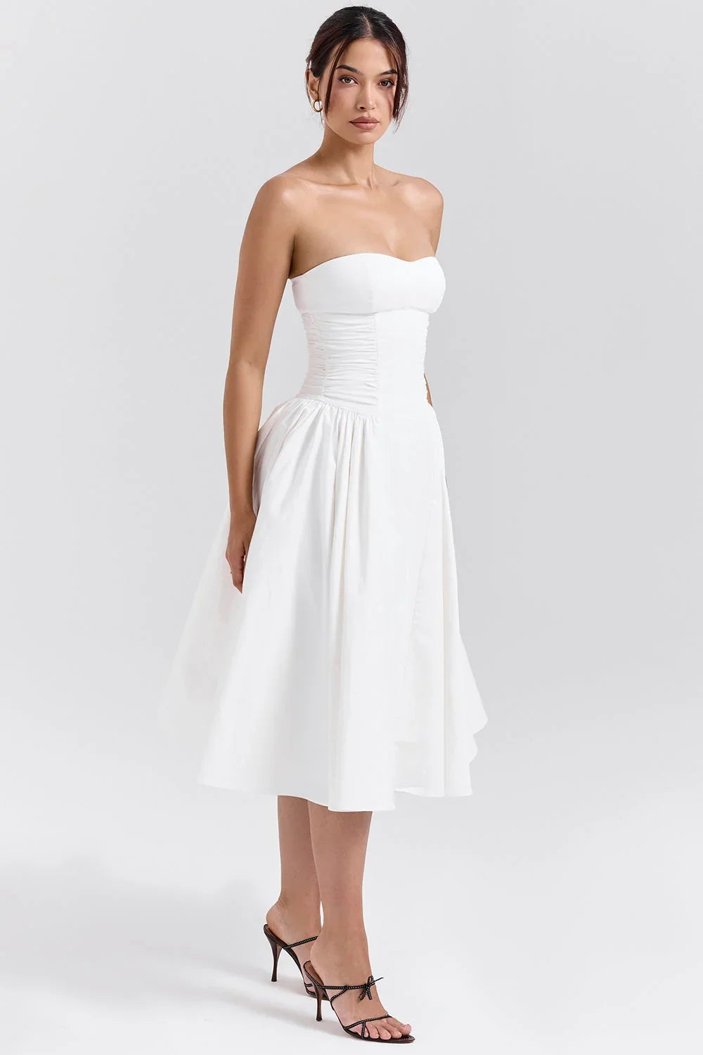 white cotton strapless midi sundress