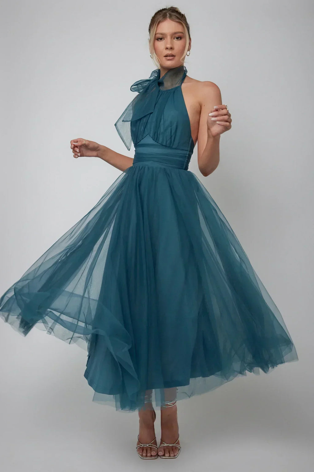 Robe midi en tulle à encolure américaine Andria sarcelle
