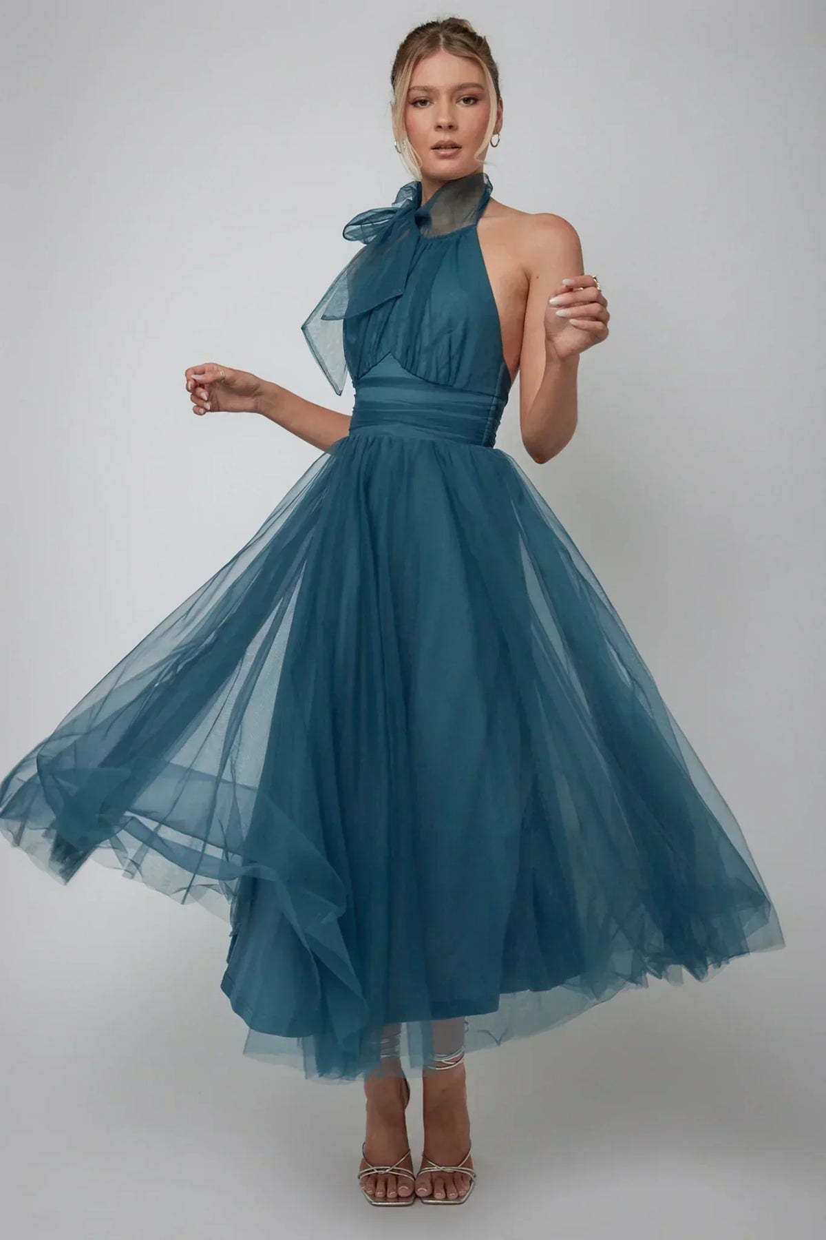 Robe midi en tulle à encolure américaine Andria sarcelle