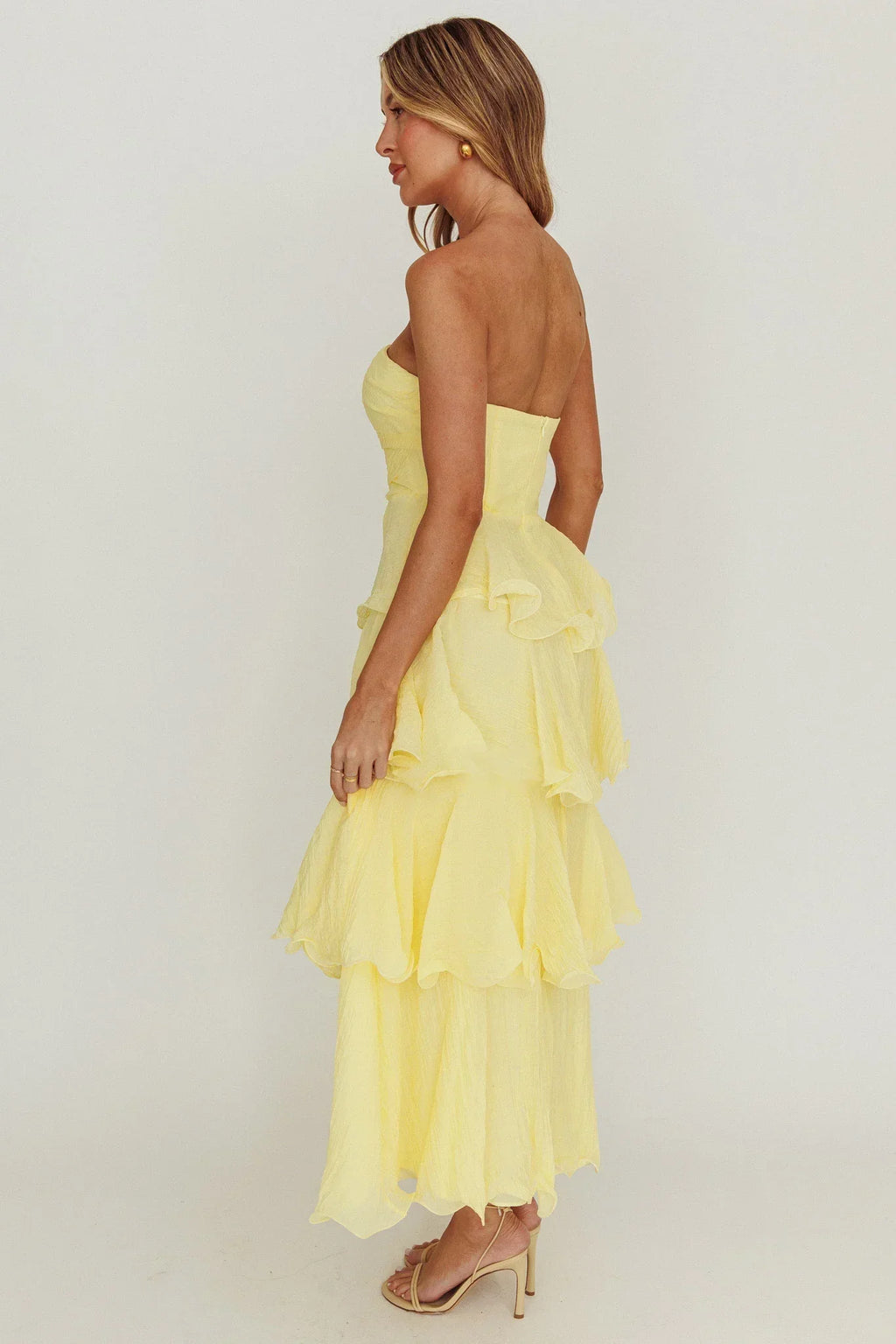 Robe midi Giavana bustier à volants superposés Citron